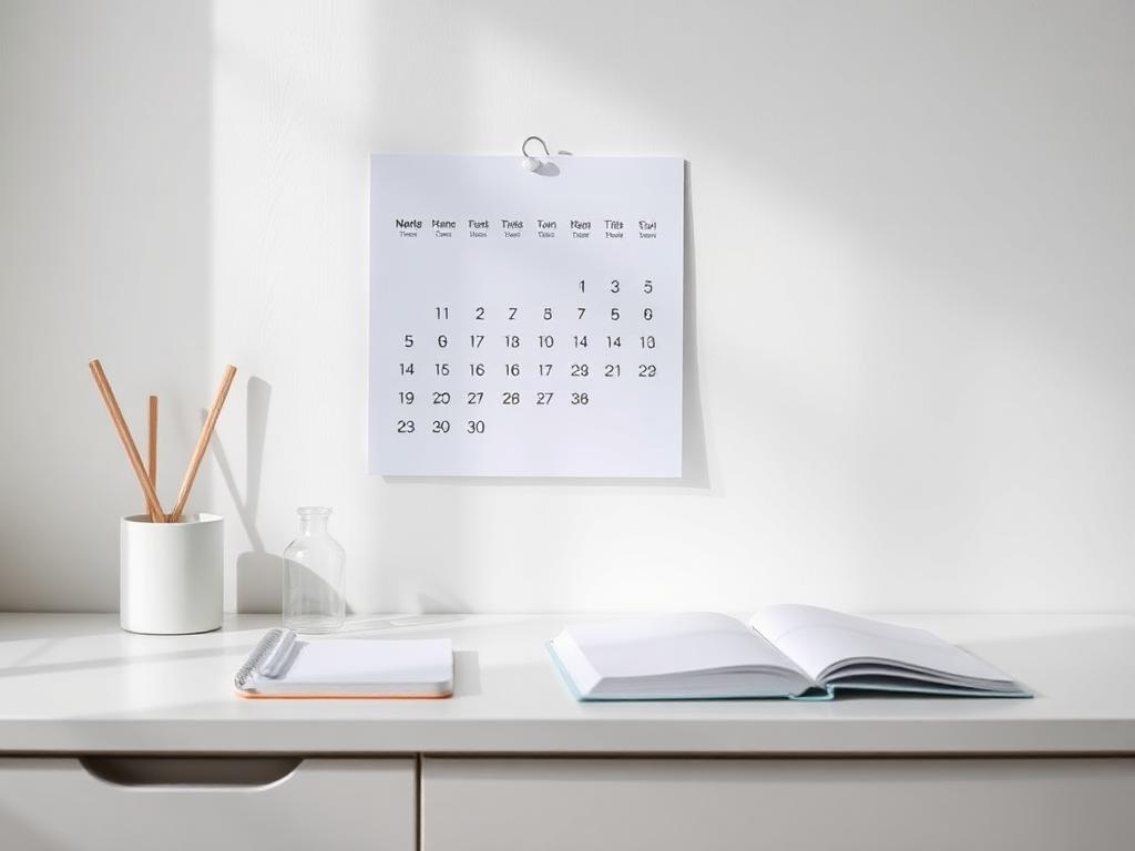 Calendar, sample vial and notebook with a trend line on a bright desk