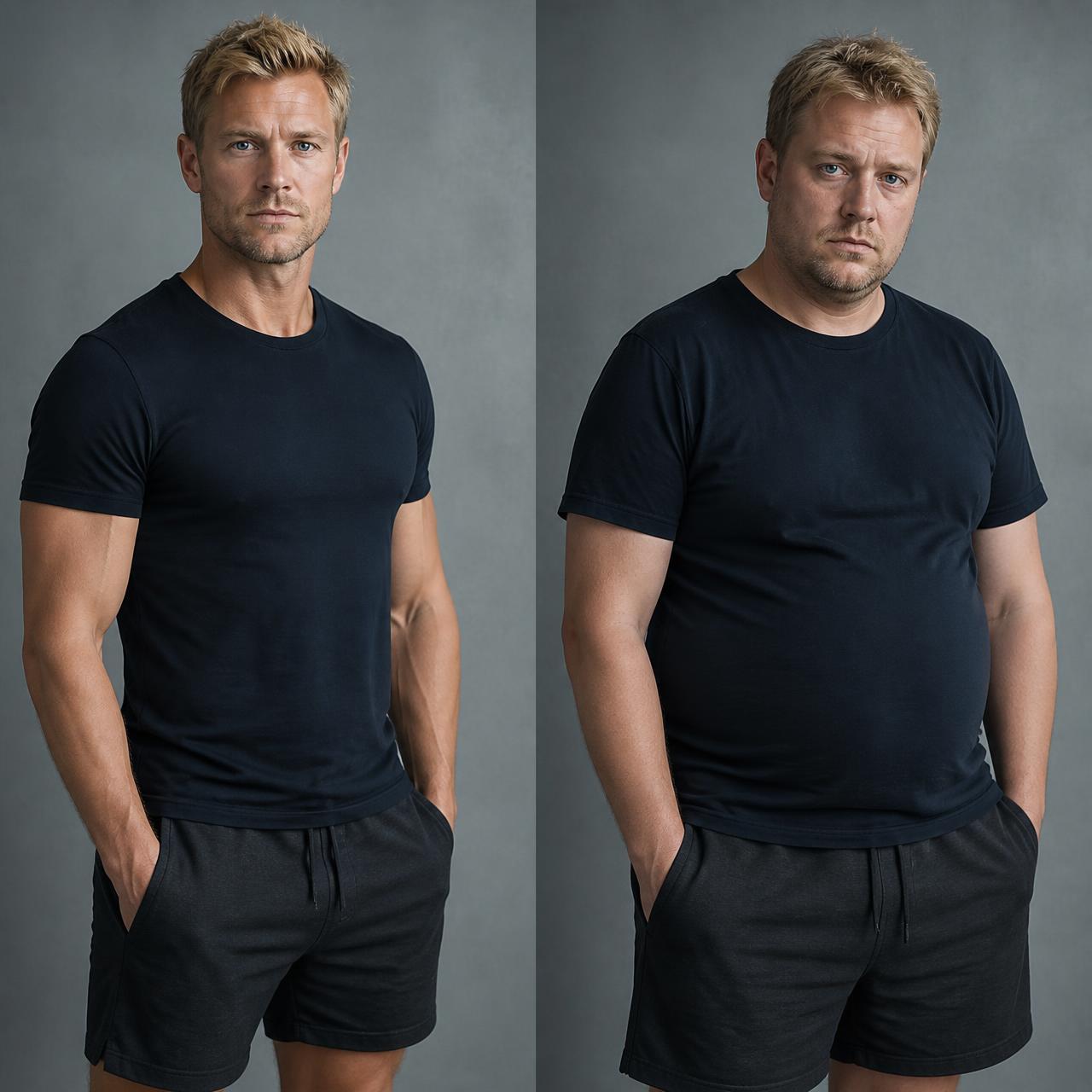 The same Scandinavian man shown lean and energetic beside a heavier, fatigued version