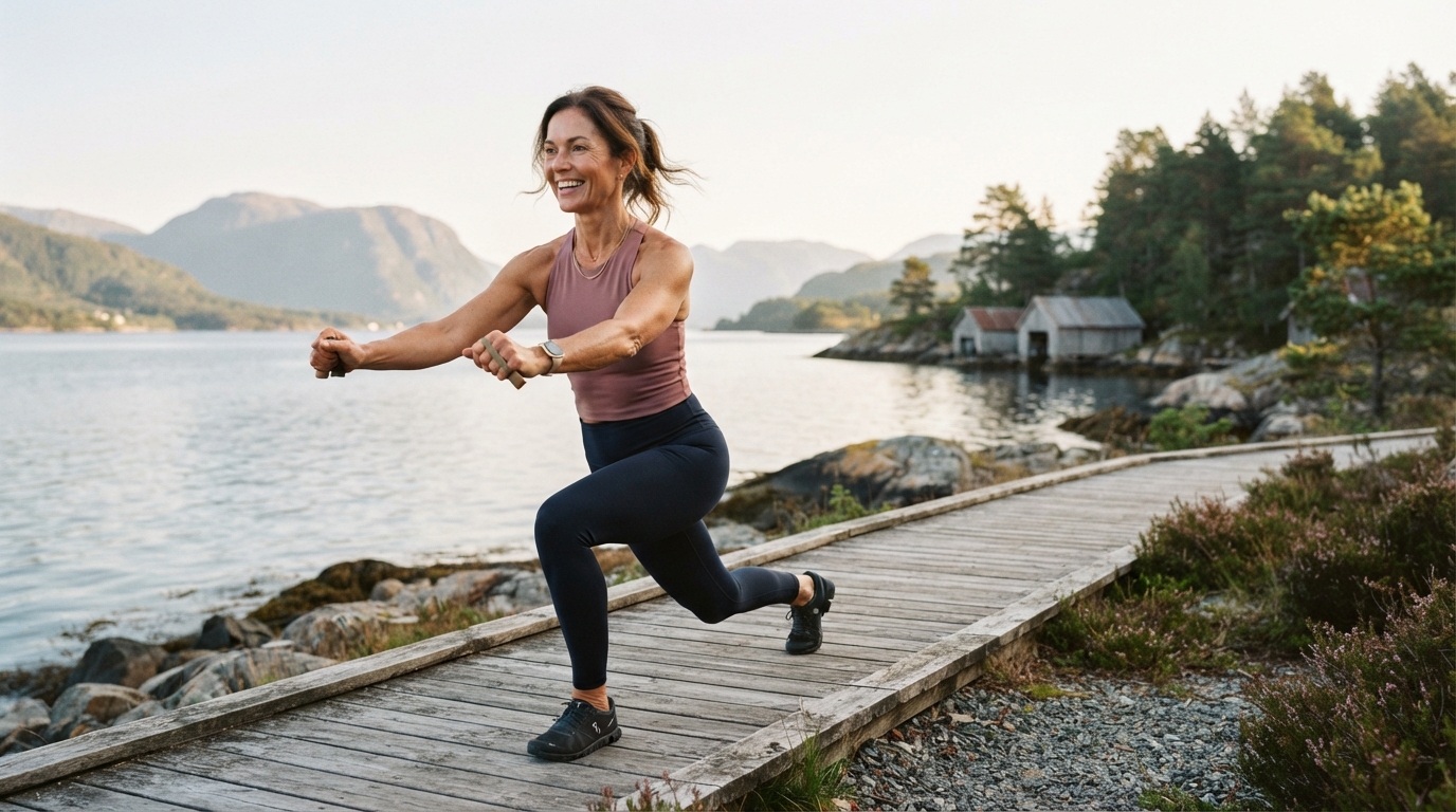 Woman in a pink training top on a wooden pier by a fjord